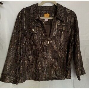 Women’s Ruby Rd Jacket Full Zip Leopard Print Metallic Gold Brown Size 18